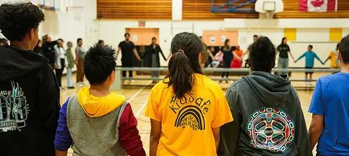 Children standing in a circle, holding hands